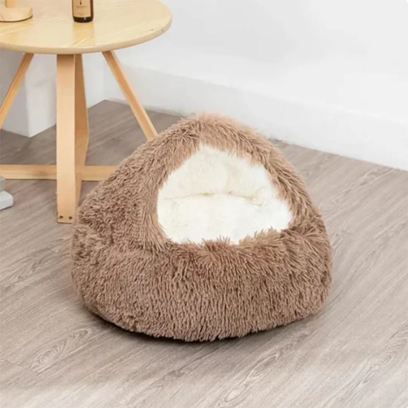 Small Cat or Kitten Round Cave Shaped Plush Cat Bed, Coffee Brown