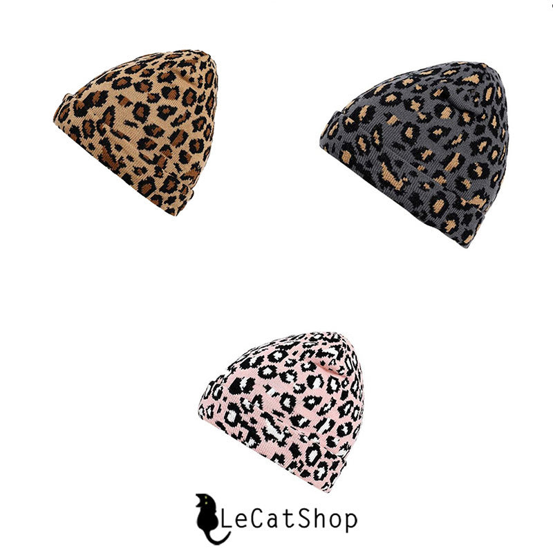 Pink grey brown leopard print winter hats