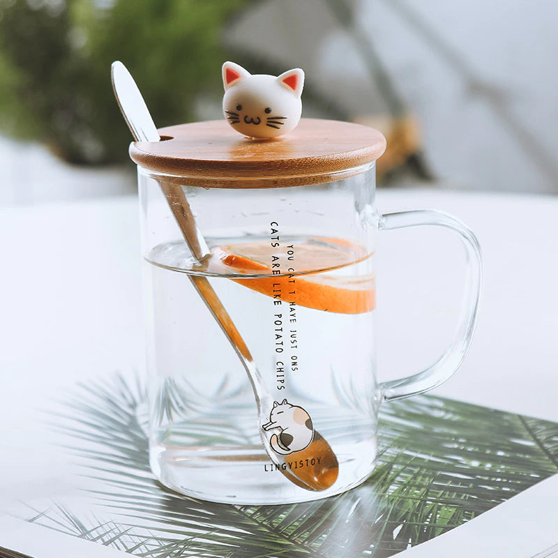 Glass cat mug with cover and spoon