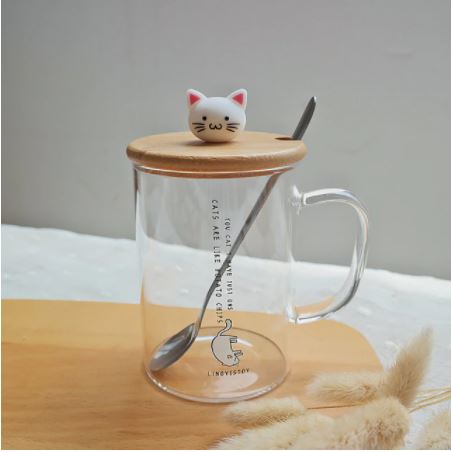 Glass cat mug with cover and spoon